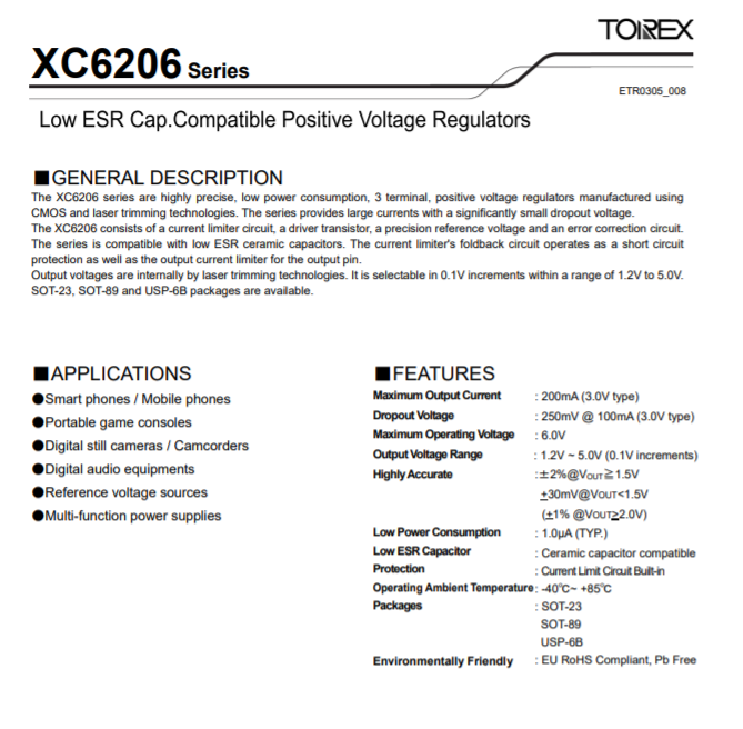 特瑞仕代理商，TOREX代理商，TOREX LDO線性穩(wěn)壓器，XC6206P332MR-G， XC6206J332MR-G ，XC6206P332PR.png